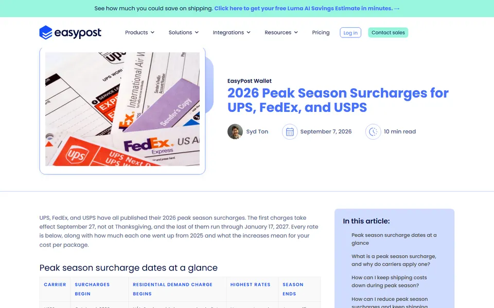 EasyPost article page on 2026 peak season surcharges for UPS, FedEx and USPS.